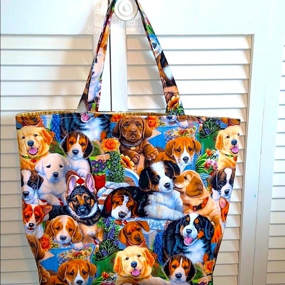 Hand Crafted Handbags - Hand Crafted Tote Bag Fabric Puppies All Purpose Reusable 100% Cotton Dog Purse